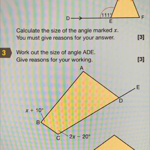 3
Work out the size of angle ADE.
Give reasons for your working.