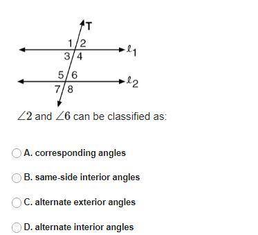 ∠2 and ∠6 can be classified as:

A. corresponding angles
B. same-side interior angles
C. alternate