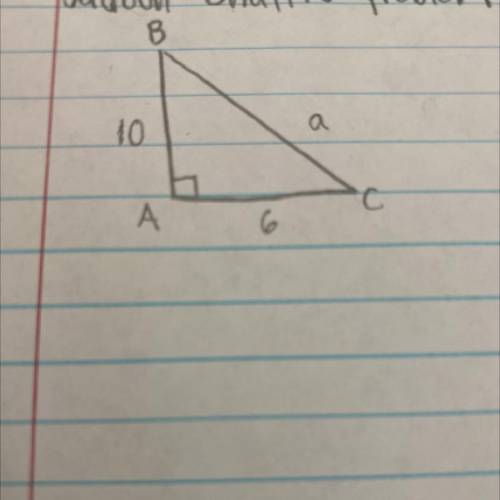 Solve for the triangle: ABC
A- 90 degrees
B- 6 ft
C- 10ft