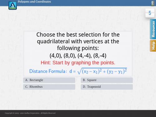 Choose the best selection for the quadrilateral with vertices at the following points:

(4,0), (8,