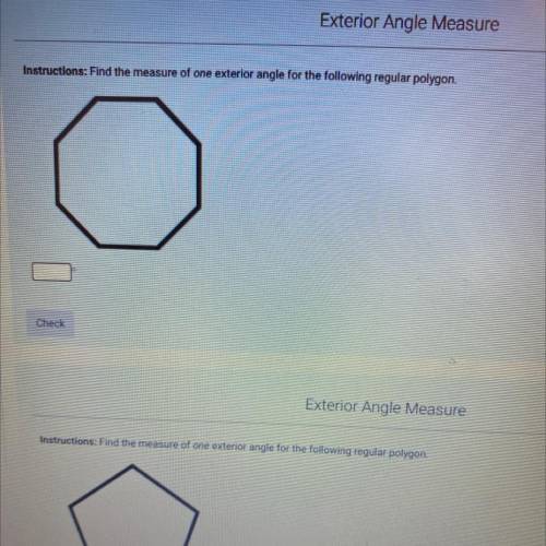 Find the measure of one exterior angle for the following regular polygon