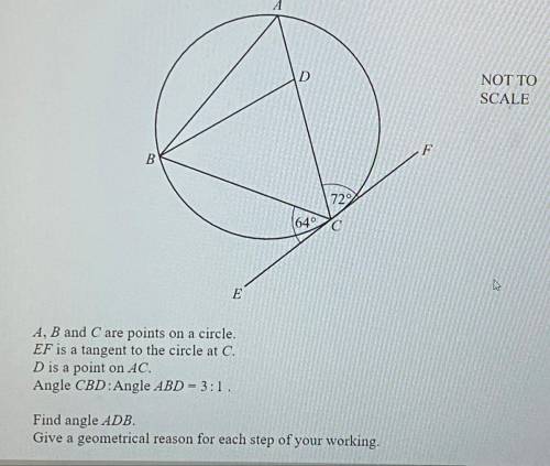 A, B and C are points on a circle.

EF is a tangent to the circle at C.
D is a point on AC.
Angle