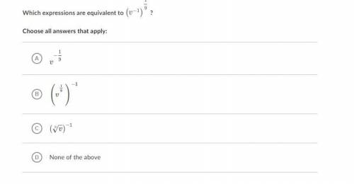 Which expressions in the picture are equivalent to (v^-1)^1/9? Choose all answers that apply: