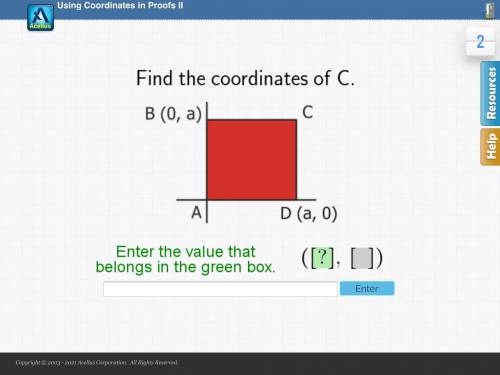 Find the coordinates of C.

B (0, a)
C
A
Enter the value that belongs in the green box.
D (a,0)
([