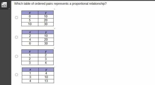 Which table of ordered pairs represents a proportional relationship?
plss help!