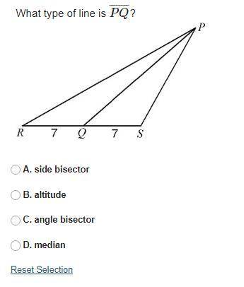 What type of line is PQ?

A. side bisector
B. altitude
C. angle bisector
D. median