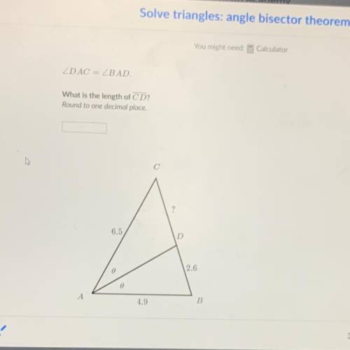 Solve triangles: angle bisector theorem

DAC = BAD.
What is the length of CD?
Round to one decimal