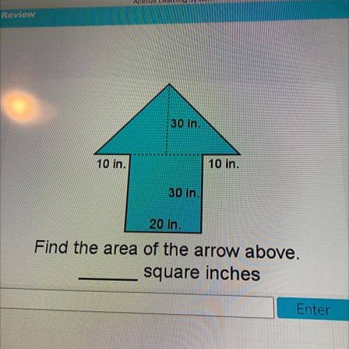 30 in

10 in.
10 in.
30 in.
20 in
Find the area of the arrow above.
square inches
Enter