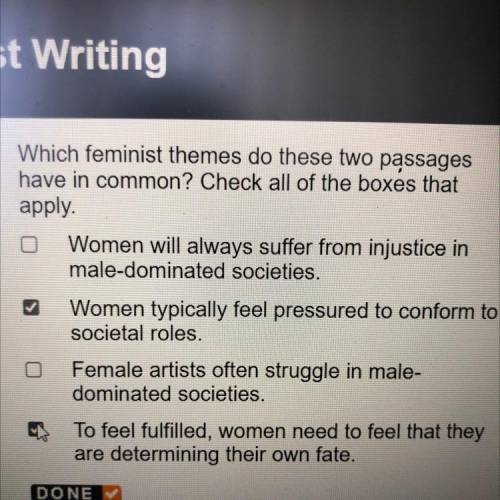 Which feminist themes does these two passages have in common check all boxes that apply