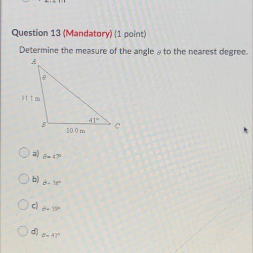 Determine the measure of the angle theta to the nearest degree