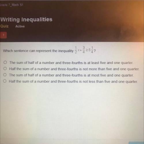 Which sentence can represent the inequality 1/2x+ 3/4 > 5 1/4?