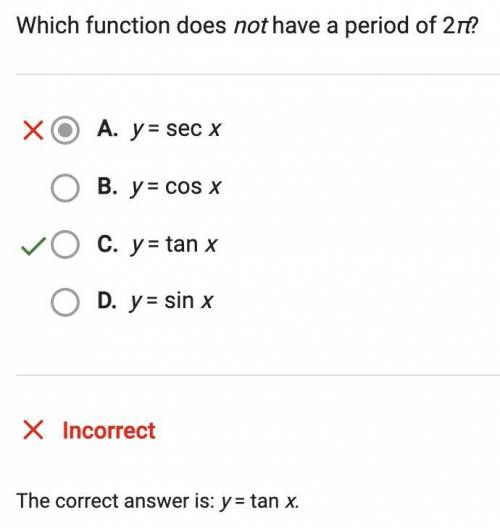 Which function does not have period 2pi?

y = sec x
y = cos x
y = tan x <--- correct but why?
y