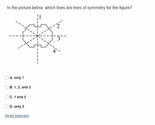 In the picture below, which lines are lines of symmetry for the figure?

A. only 1
B. 1, 2, and 3