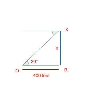 An observer (O) is located 400 feet from a building (B). The observer notices a kite (K) flying at