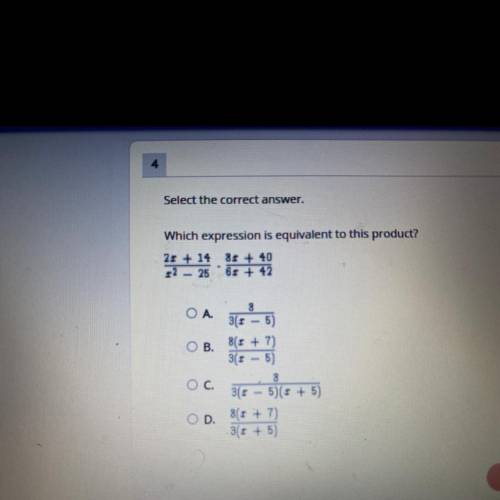 Select the correct answer which expression is equivalent to the product 2x+14/x^2-25 • 8x+40/6x+42￼