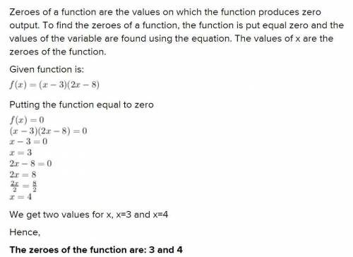 Enter the solutions from least to greatest.
f(x) = (x – 3)(2x – 8)