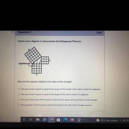 Davina uses a diagram to demonstrate the Pythagorean Theorem.

3
hypotenuse
How are the squares re