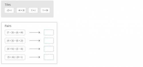 Drag the tiles to the correct boxes to complete the pairs.

Match each subtraction of complex numb