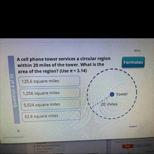 A cell phone tower services a circular region

within 20 miles of the tower. What is the
area of t