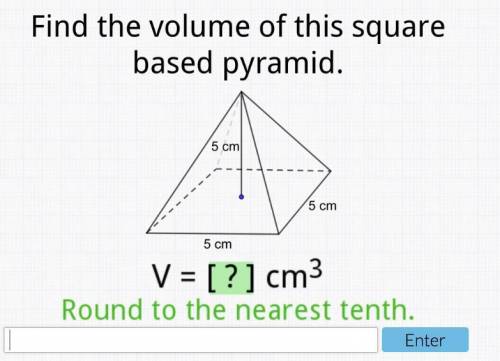 Find the volume of this square based pyramid. 5 cm 5 cm 5 cm. Round to the nearest tenth.

V=?cm3