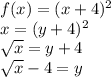 f(x)=(x+4)^2\\x=(y+4)^2\\\sqrt{x} =y+4\\\sqrt{x} -4=y