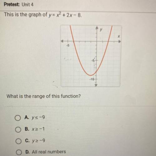 HELPPPPPP!?!?
This is the graph of y= x^2 + 2x - 8.
What is the range of this function