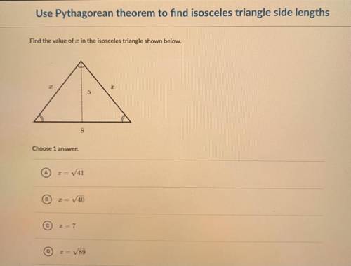 Find the value of x in the isosceles triangle shown below.
2
2
5
8