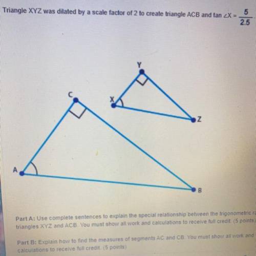 (05.01 MC)

Triangle XYZ was dilated by a scale factor of 2 to create triangle ACB and tan _X =
5