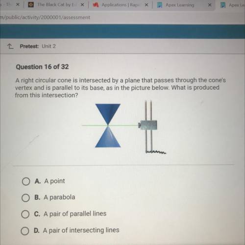 Question 16 of 32

A right circular cone is intersected by a plane that passes through the cone's