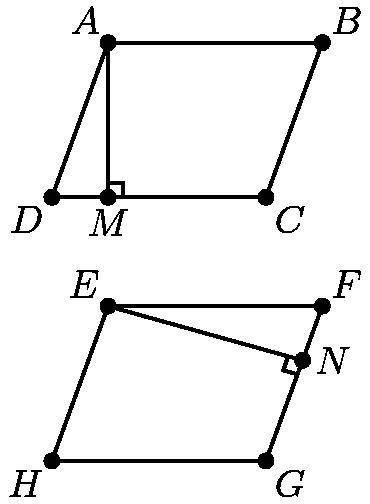 Suppose ABCD and EFGH are congruent parallelograms with AD = 10. If the area of ABCD is 112, find E