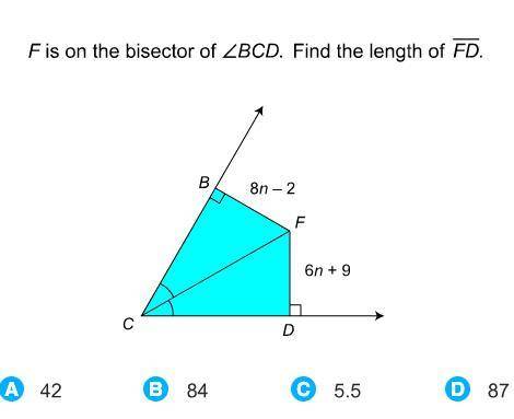 F is on the bisector of angle BCD. Find the length of FD (with lines over FD)