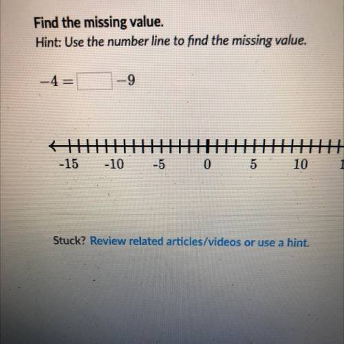 Find the missing value.

Hint: Use the number line to find the missing value.
-4 -
9
{
--15
开
15
-