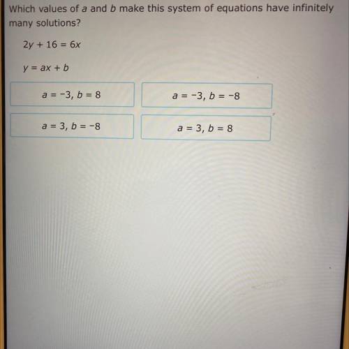 Which values of a and b make this system of equations have infinitely many solutions?

2y + 16 = 6