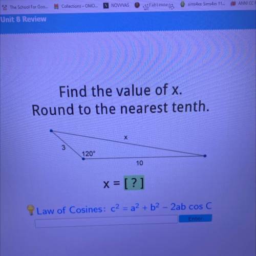 Find the value of x.
Round to the nearest tenth.
Х
120°
10
x = [?]