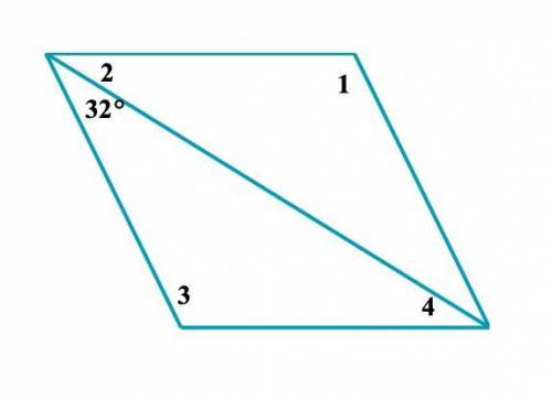 For the rhombus below, find the measures of ∠1, ∠2, ∠3, and ∠4.