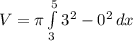 V=\pi\int\limits^5_3 {3^2}-0^2 \, dx