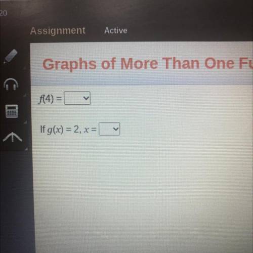 Guys please help!Assignment

Active
Graphs of More Than One Function
ty
f14) = 1
30
If g(x) = 2, x