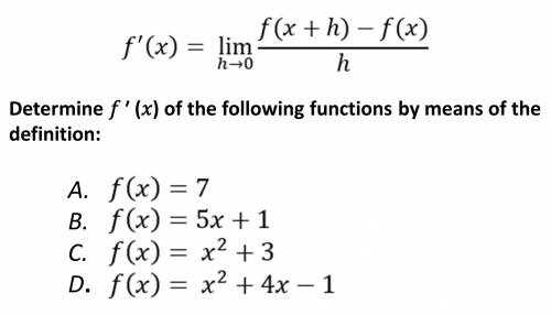 Derivatives concept:
Exercises using the definition of derivatives:
(Full development)