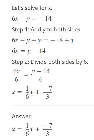Solve the system of equations.
6x−y=−14
2x−3y=6
whats the answer please C:
