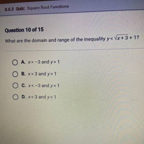 What the domain and range of the inequality y<√x+3 +1

a. x> - 3 and y > 1
b. x> 3 and