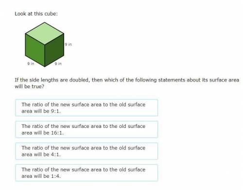 Look at this cube:

If the side lengths are doubled, then which of the following statements about
