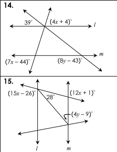 If l || m, classify the marked angle pair and give their relationship, then solve for x.