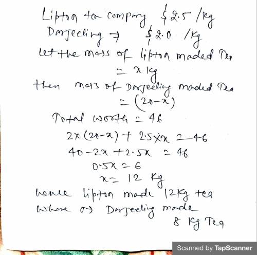 The Indian Tea Company makes a tea blend of cinnamon tea worth $2.50 per kilogram and black tea

wo