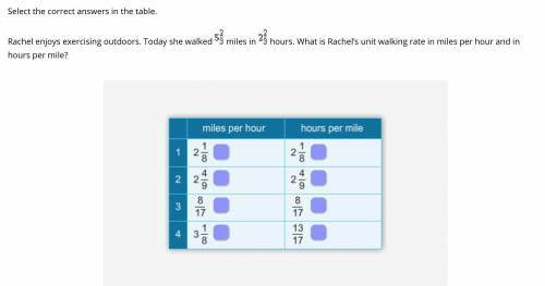 Select the correct answers in the table.

Rachel enjoys exercising outdoors. Today she walked 5 2/