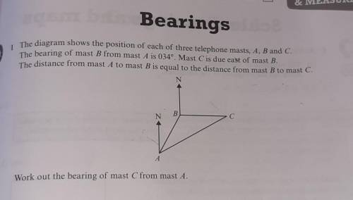 The diagram shows the position of each of three telephone masts, A, B and C. The bearing of mast B