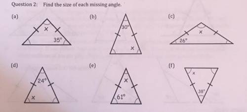 Find the size of each missing angle. (image attached)