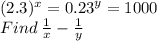 (2.3) ^{x} =  {0.23}^{y} =1000 \\ Find \:  \frac{1}{x} - \frac{1}{y}