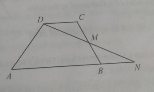 Help Me!

In the quadrilateral ABCD shown below, the sides AB and CD are parallel. M is the Mid po