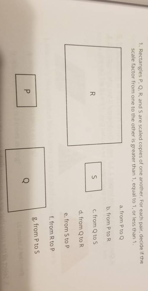 Rectangles P, Q, R, and S are scaled copies of one another. For each pair, decide if the scale fact