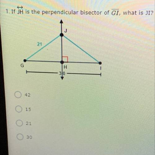 Please help!! If JH is the perpendicular bisector of GI, what is JI?